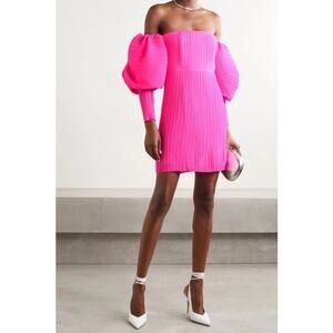 Solace London Skye Acid Pink Off Shoulder Pleated Balloon Sleeve Mini Dress Sz 0